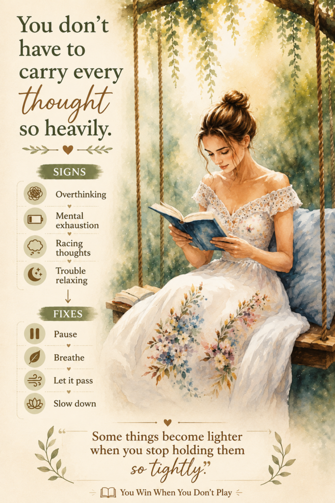Infographic about overthinking and mental exhaustion featuring a woman reading on a swing with calming reminders about pausing, breathing, slowing down, and letting racing thoughts pass naturally to create a quieter mind and emotional peace.
