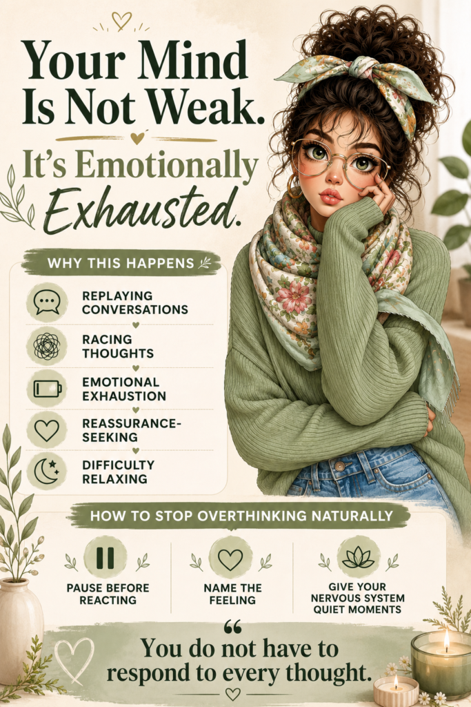nfographic about how to stop overthinking naturally featuring emotional exhaustion, racing thoughts, reassurance-seeking, difficulty relaxing, and calming tips to quiet an overactive mind and reduce anxiety.