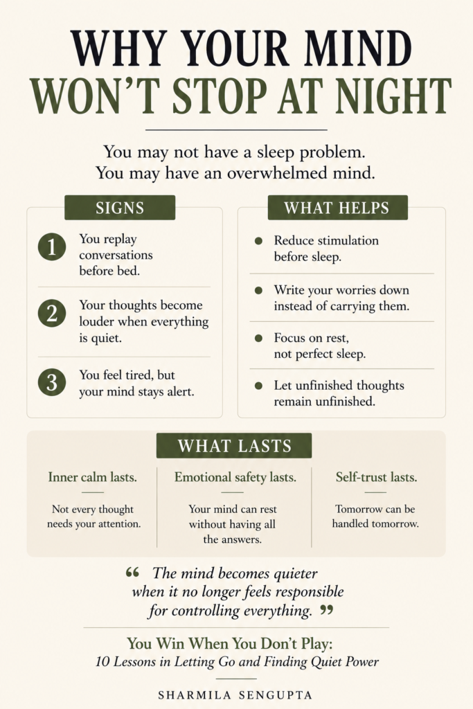 Editorial infographic titled "Why Your Mind Won't Stop at Night" explaining common signs of overthinking before sleep, racing thoughts at night, mental exhaustion, and practical strategies for calming an overwhelmed mind and finding inner peace.