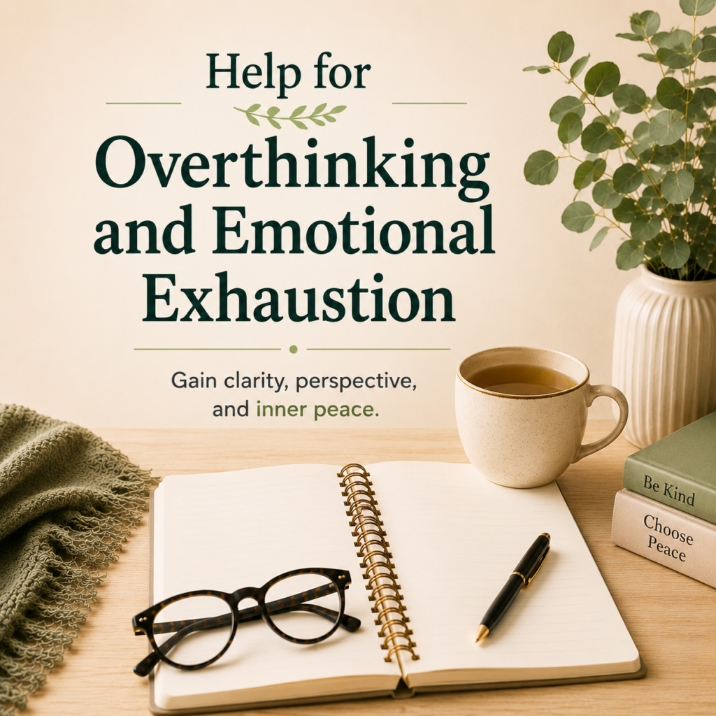 Help for overthinking and emotional exhaustion with journal, tea cup, plant, and guidance for finding inner peace.