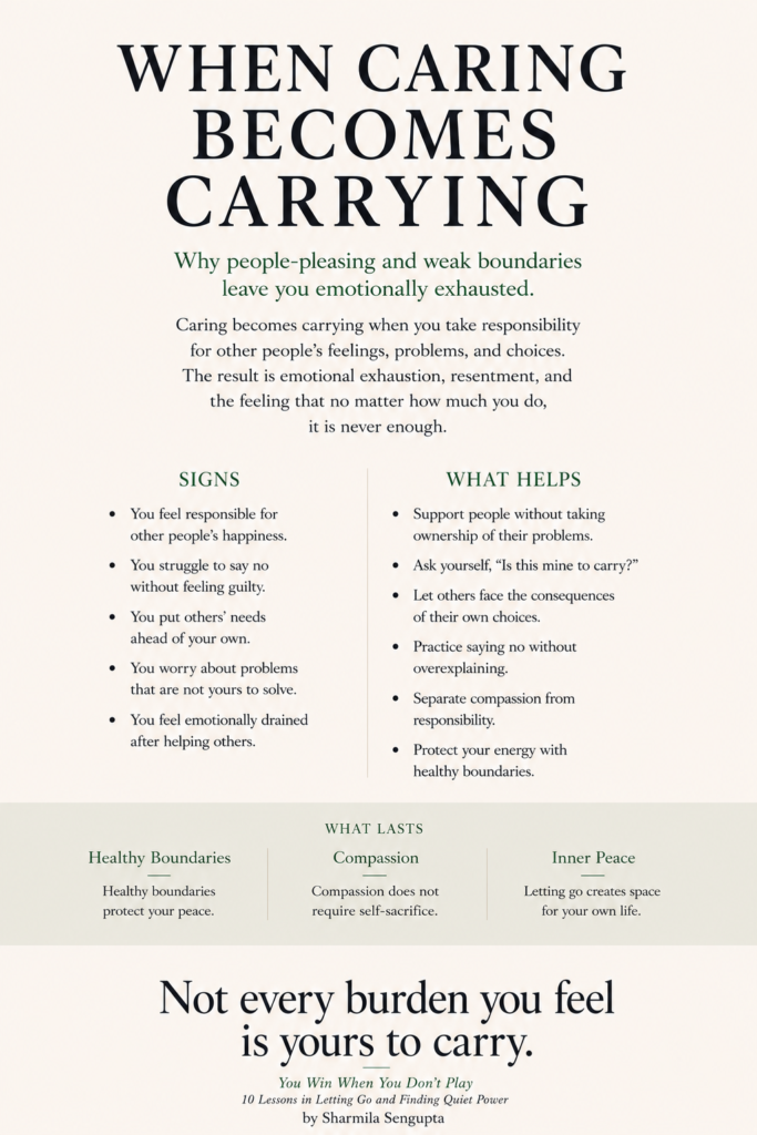 When Caring Becomes Carrying infographic about people-pleasing, emotional exhaustion, emotional labor, healthy boundaries, self-worth, and protecting your emotional wellbeing.