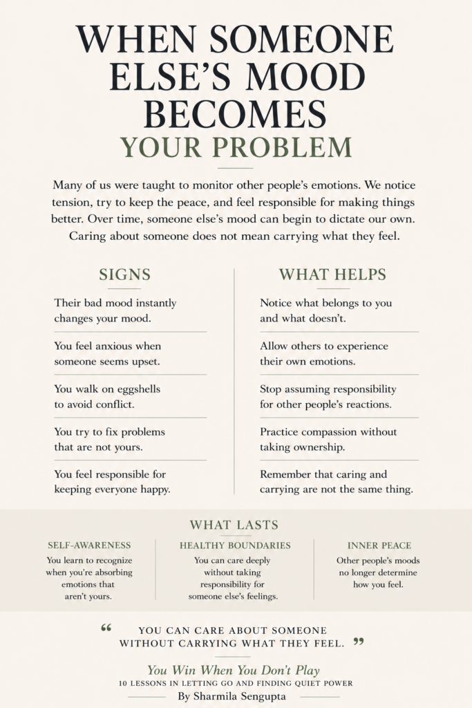 When someone else's mood becomes your problem infographic about emotional responsibility, emotional boundaries, people-pleasing, and emotional exhaustion.