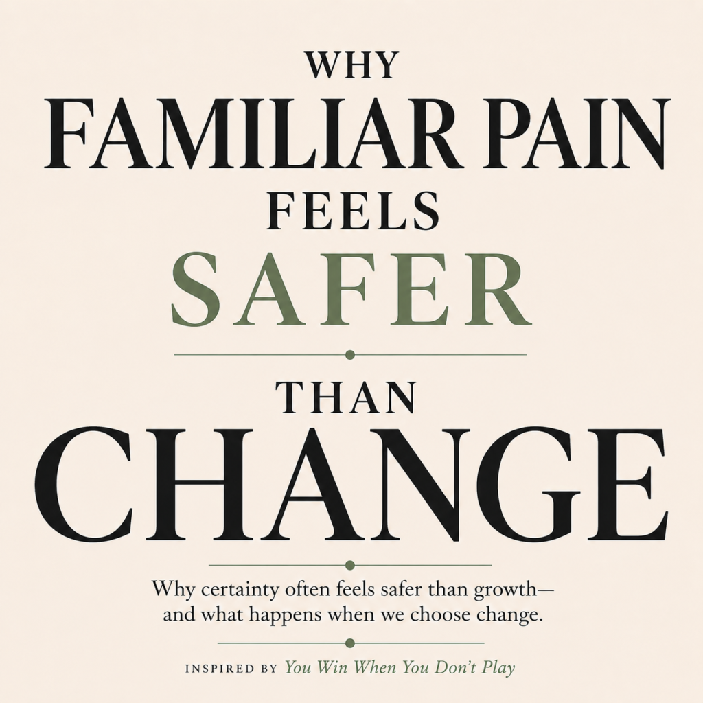 Editorial blog featured image titled "Why Familiar Pain Feels Safer Than Change" exploring fear of change, self-trust, emotional patterns, uncertainty, and personal growth.