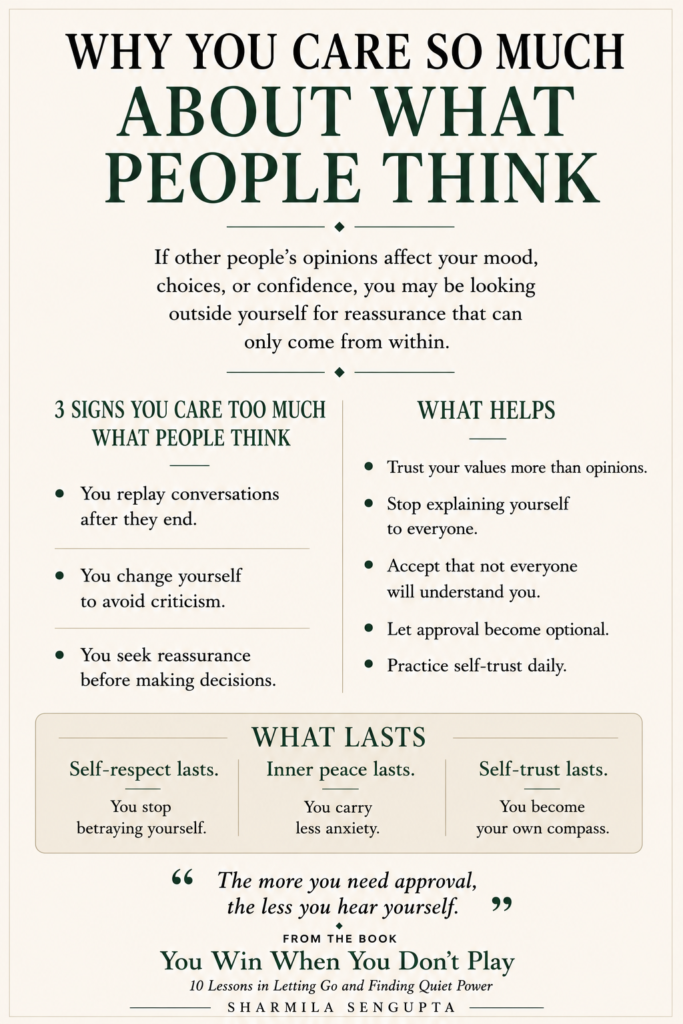 Why You Care So Much About What People Think infographic about approval-seeking, self-worth, self-trust, validation, and inner peace