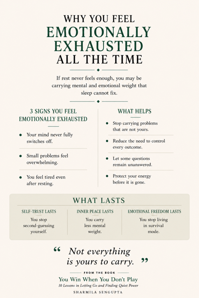 Why You Feel Emotionally Exhausted All the Time infographic showing signs of emotional exhaustion, mental fatigue, emotional overwhelm, self-trust, inner peace, and emotional recovery strategies.