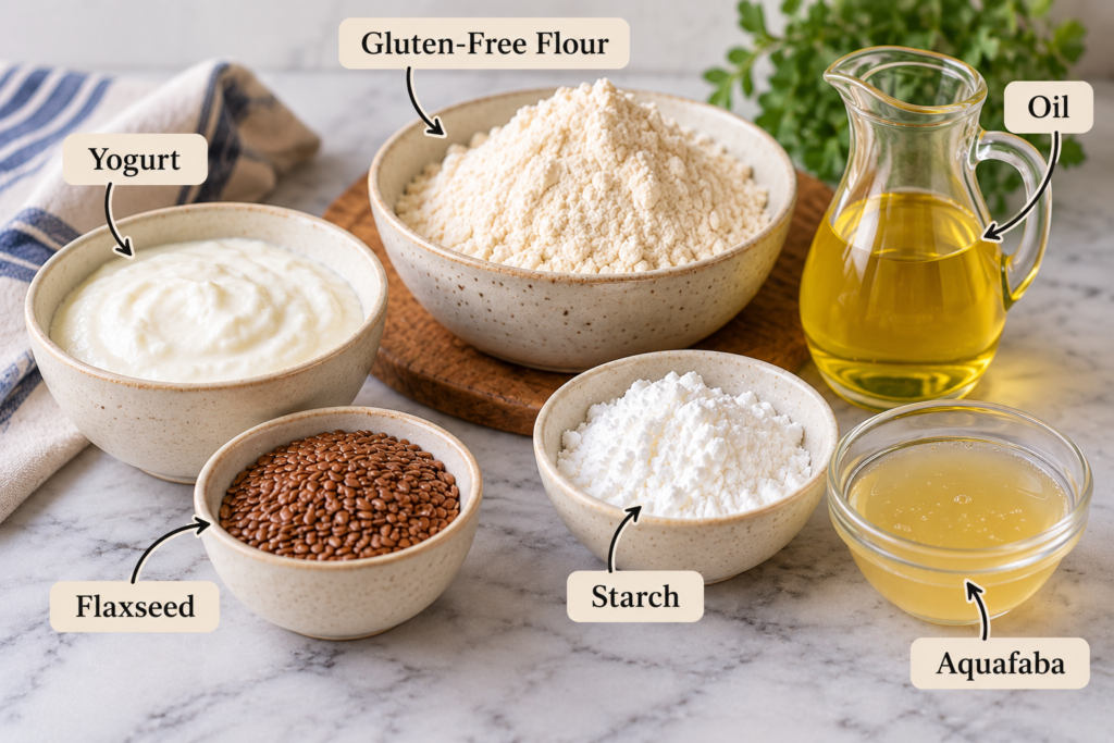 Eggless baking ingredients including yogurt, flaxseed, starch, gluten-free flour, oil and aquafaba