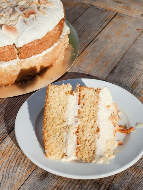 Sliced cake showing a soft, tender crumb