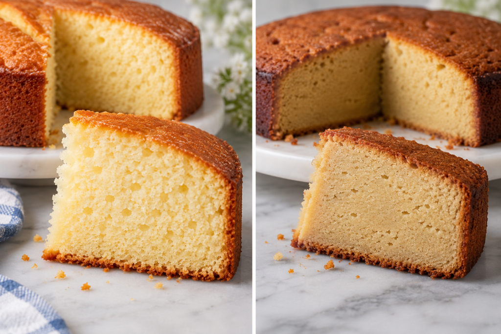 Side-by-side comparison of soft and dense eggless cake crumb