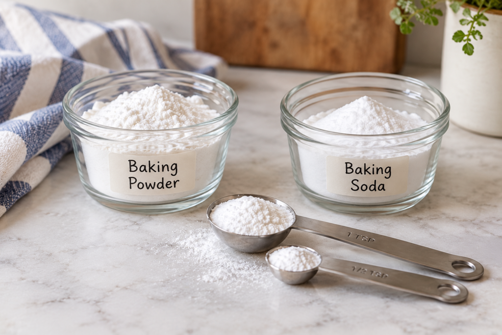 Baking powder and baking soda with measuring spoons for eggless cake baking
