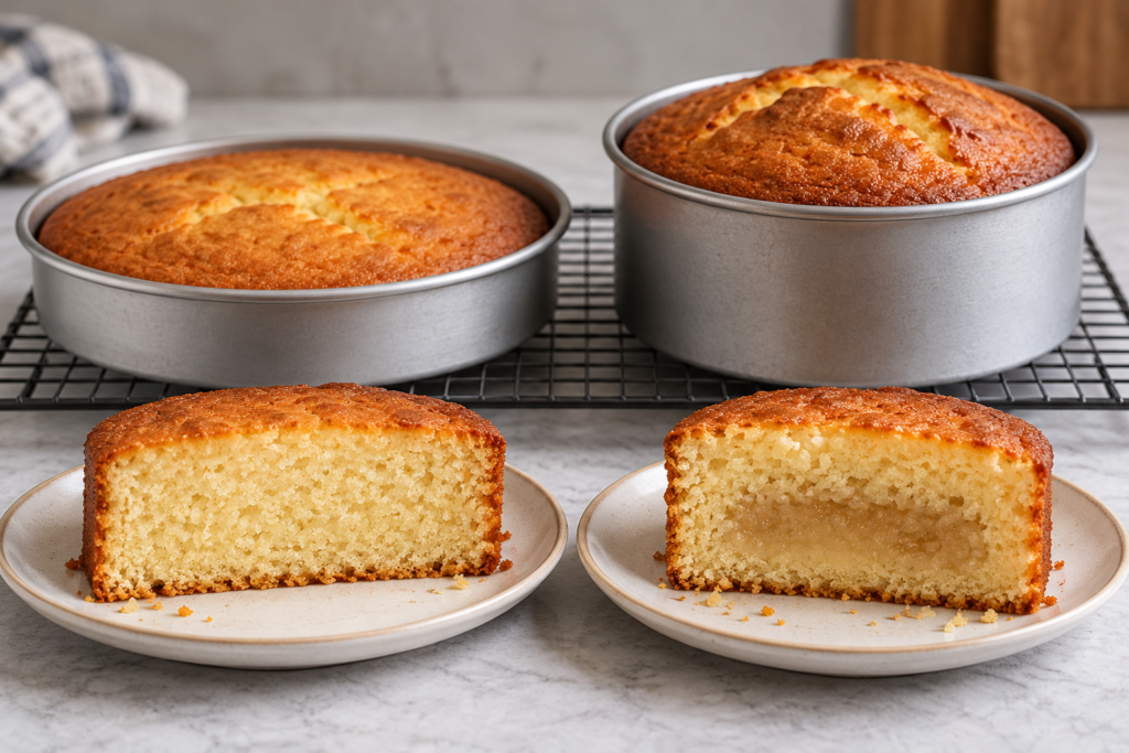 Cakes baked in shallow and deep pans showing the difference in centre texture