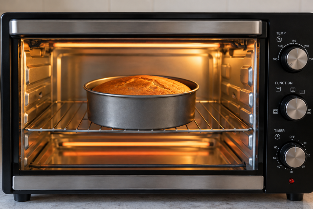 Eggless cake baking in an OTG oven on the middle rack