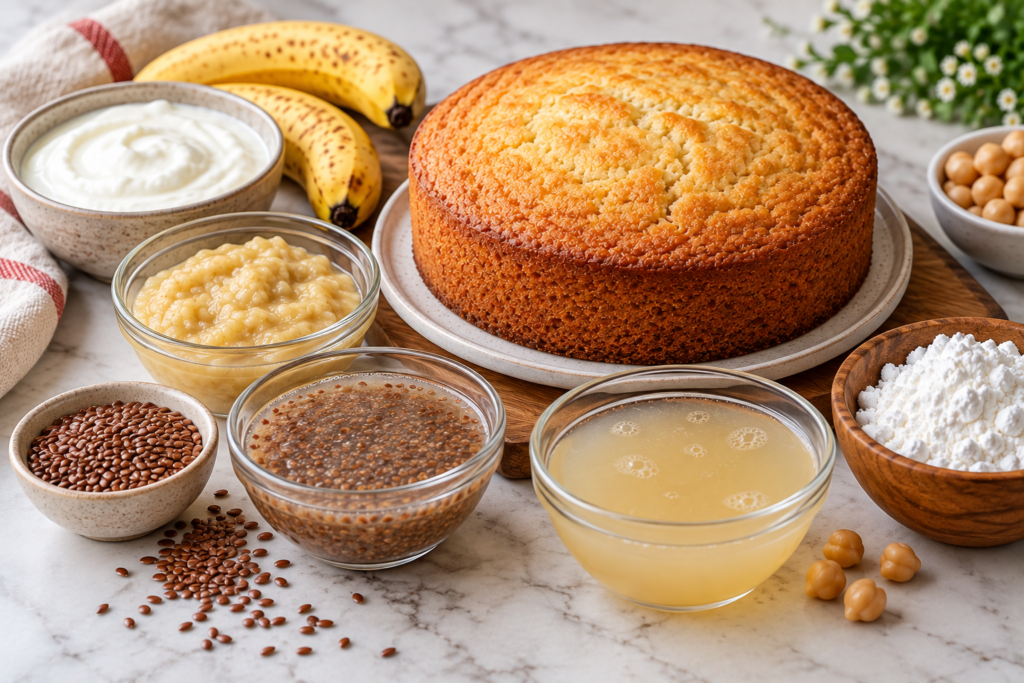 Eggless cake with common egg substitutes including yogurt, banana, flaxseed, aquafaba and starch