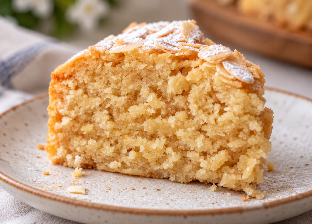 Gluten-free eggless cake slice showing a moist, tender crumb