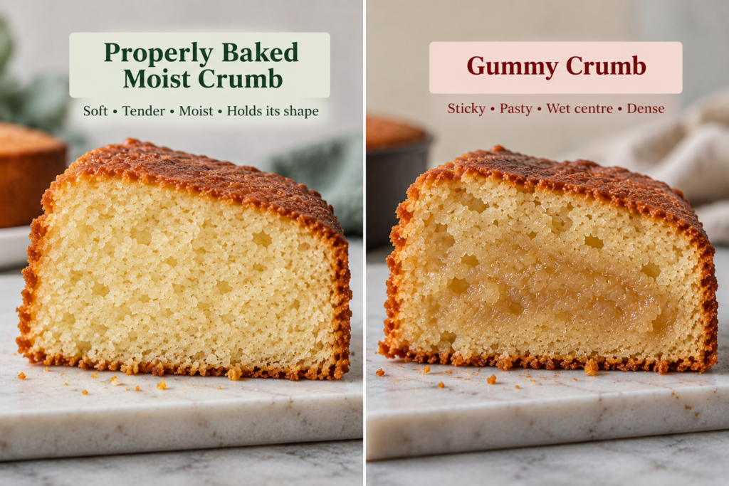 Properly baked moist cake crumb compared with a gummy cake crumb