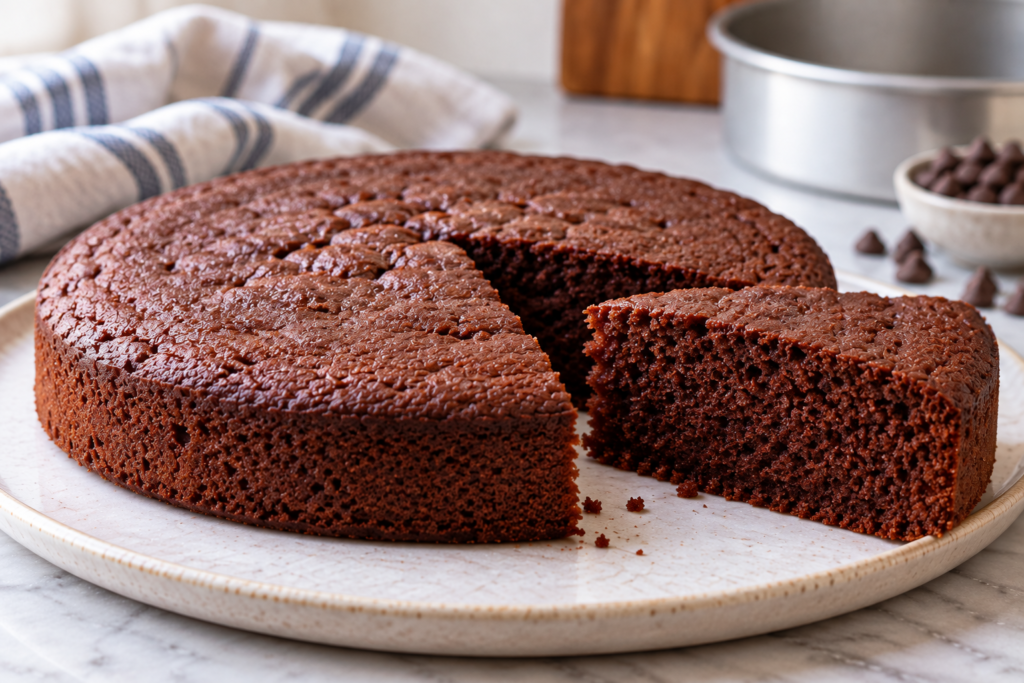 Eggless chocolate cake with a soft crumb that has not risen properly