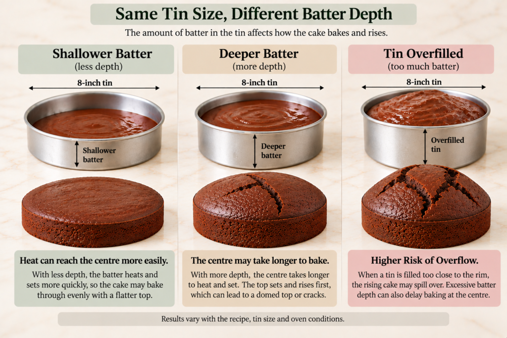 Comparison of shallow batter, deeper batter and an overfilled cake tin