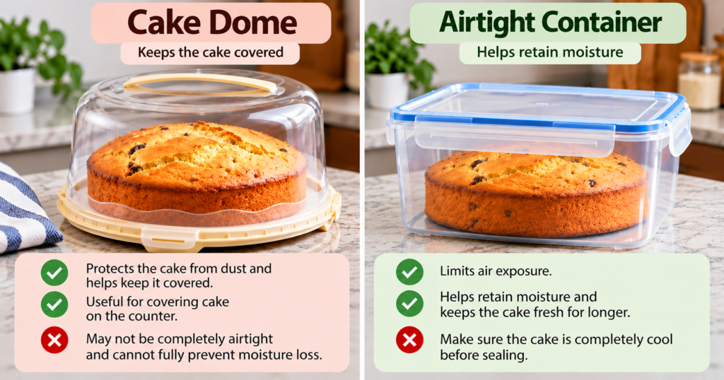 Comparison of a cake dome and an airtight container for storing cake