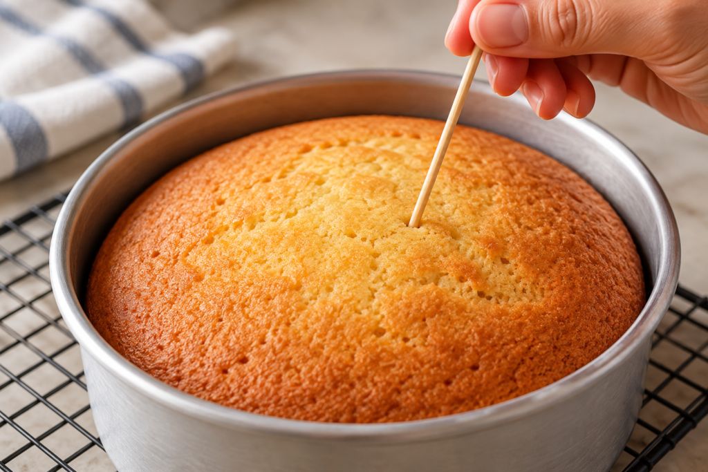 Checking whether a cake is baked by inserting a wooden skewer into the centre.