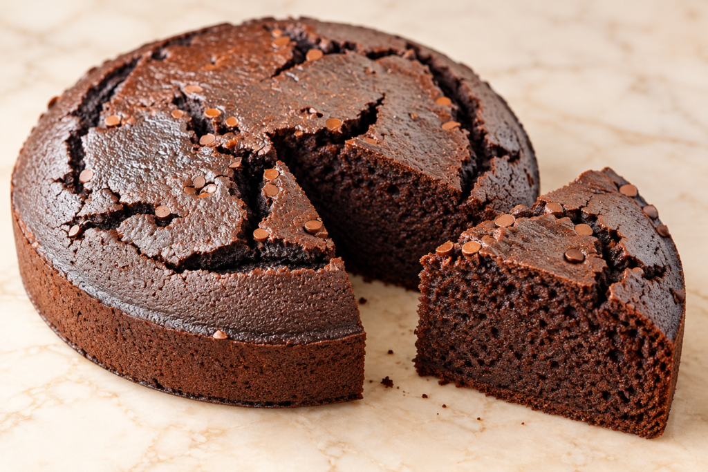 Slice of chocolate cake showing its crumb beneath a cracked top