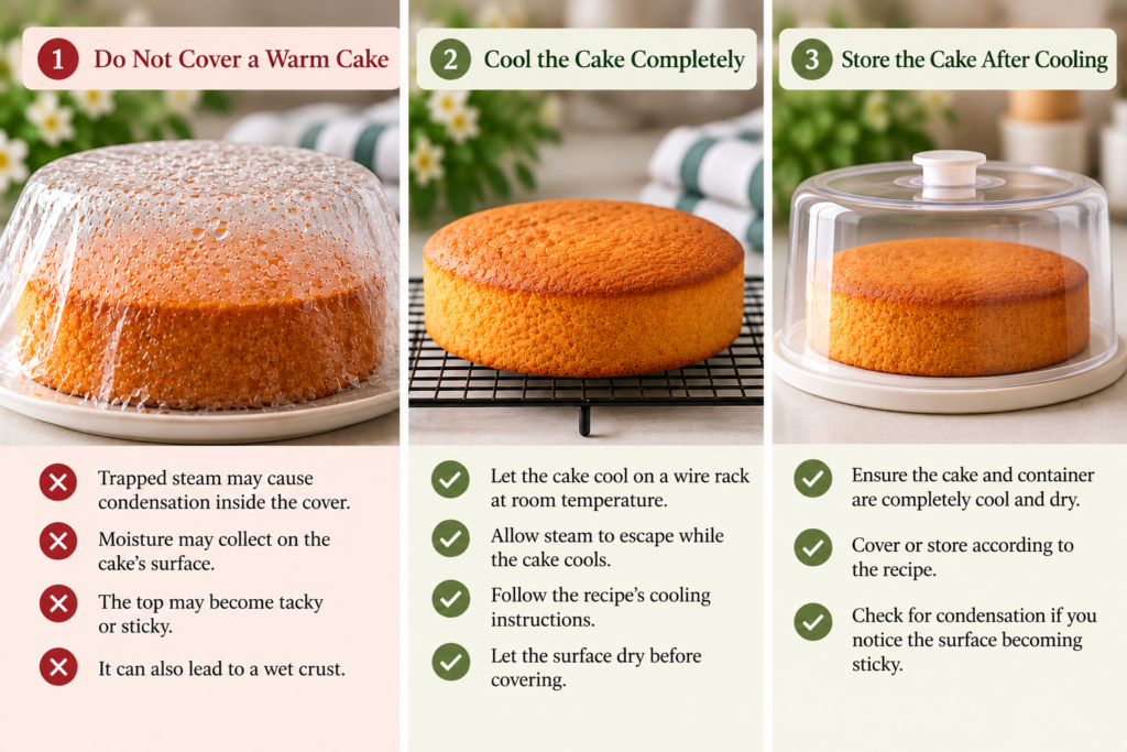 Three steps for cooling and storing a cake to reduce condensation-related stickiness
