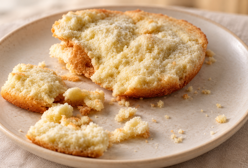 Broken eggless cake showing a crumbly texture and loose crumbs on a plate.