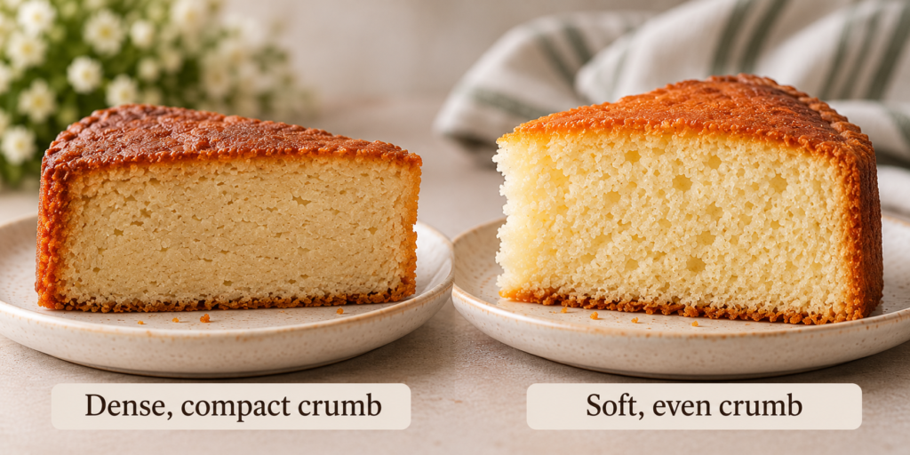 Dense, compact eggless cake crumb compared with a soft, even cake crumb