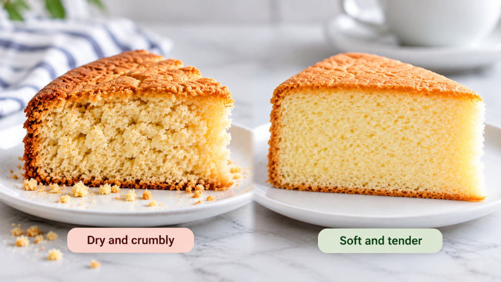 Comparison of a dry, crumbly cake and a soft sponge with a fine, even crumb