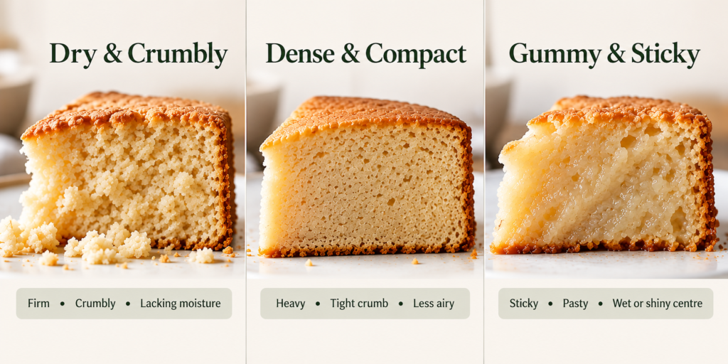 Dry, dense and gummy eggless cake textures compared side by side