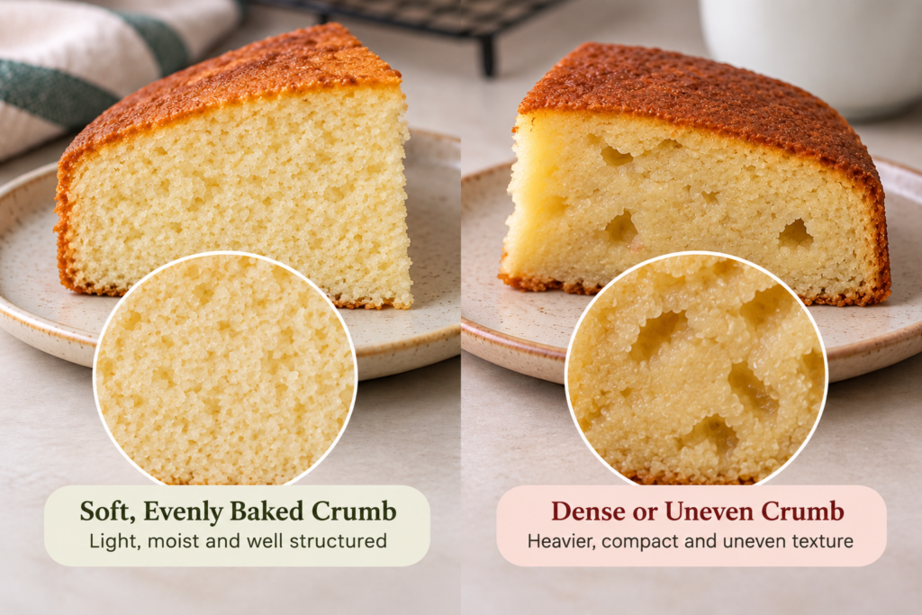 Comparison of an evenly baked eggless cake crumb and a denser, uneven cake crumb.