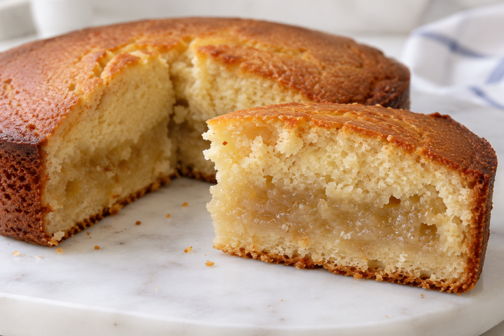 Eggless cake sliced to show a gummy, sticky centre