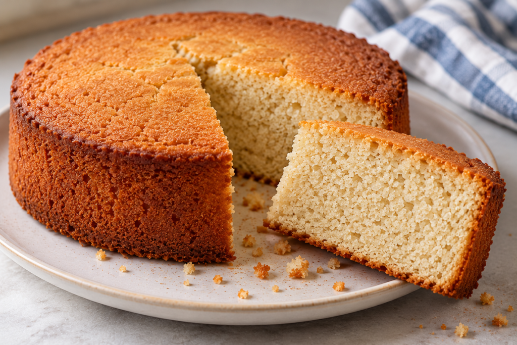 Eggless sponge cake with a firm, dry crumb and browned edges after cooling