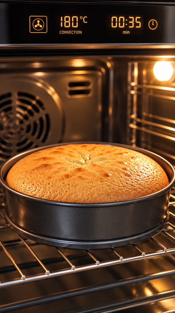 Eggless cake baking in an oven at 180°C for 35 minutes