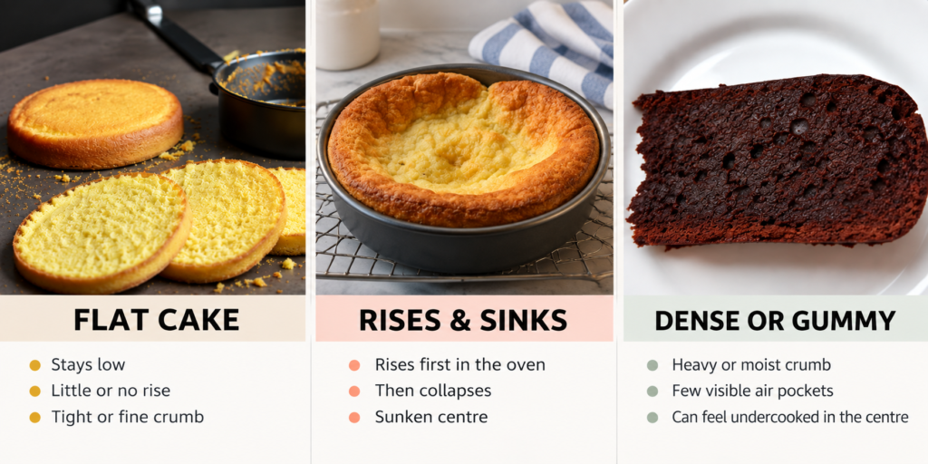 Eggless cake problem finder showing a flat cake, a sunken cake and a dense or gummy cake