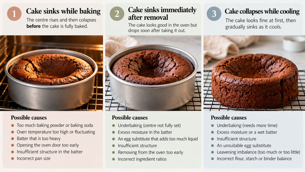 Three stages of an eggless cake sinking: while baking, after removal, and while cooling