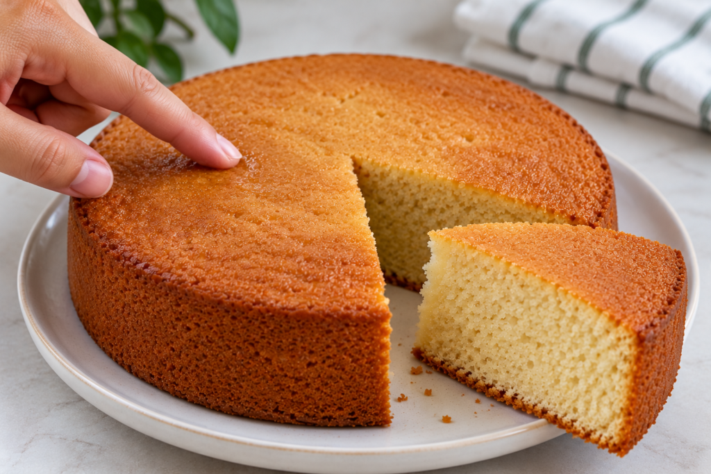 Finger gently touching the slightly sticky top of an eggless sponge cake with a cut slice showing the crumb