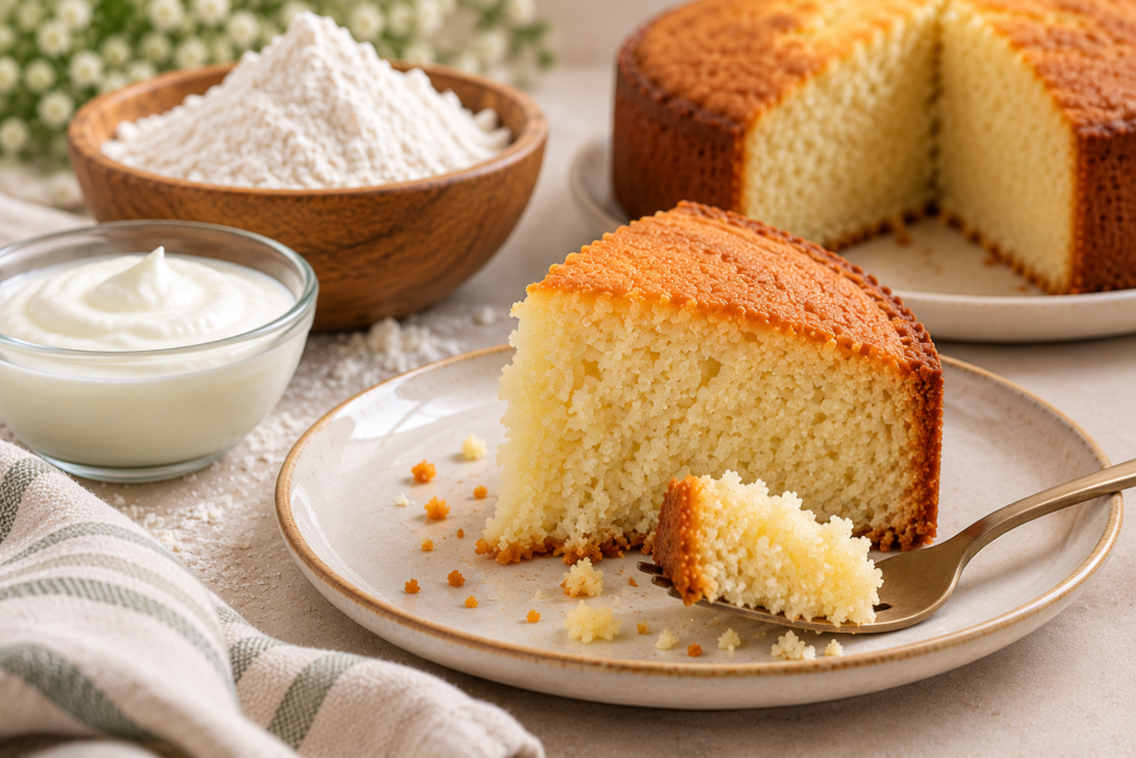 Slice of eggless cake with a forkful of cake, flour and a bowl of curd