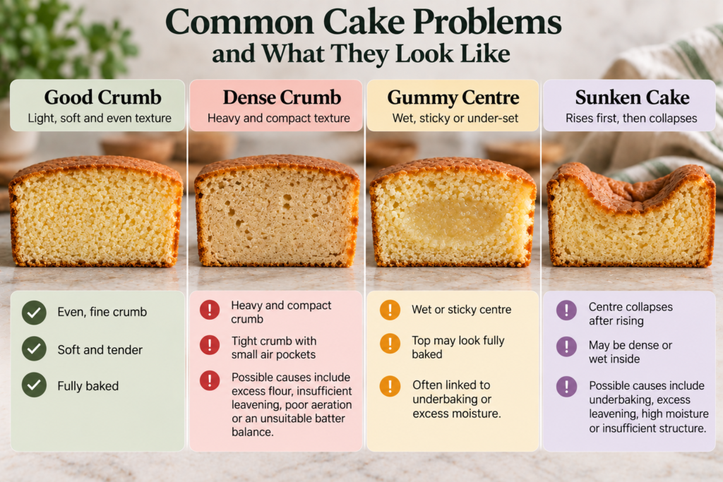Eggless cake troubleshooting showing good crumb, dense crumb, gummy centre and sunken cake