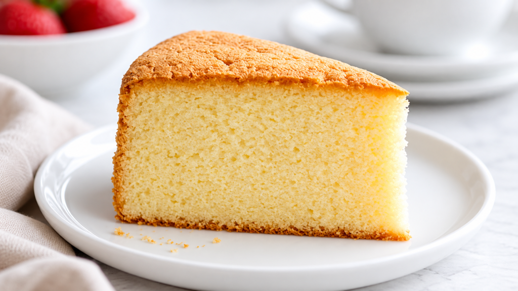 Slice of eggless sponge cake showing its fine crumb texture