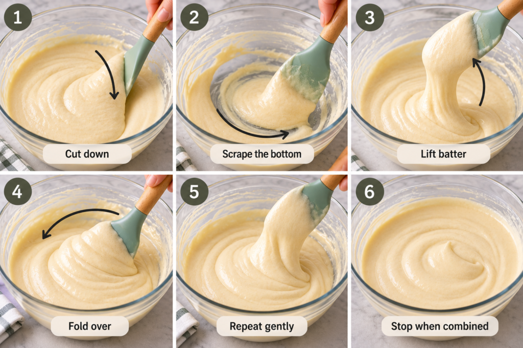 Six-step illustration showing how to fold eggless cake batter with a spatula