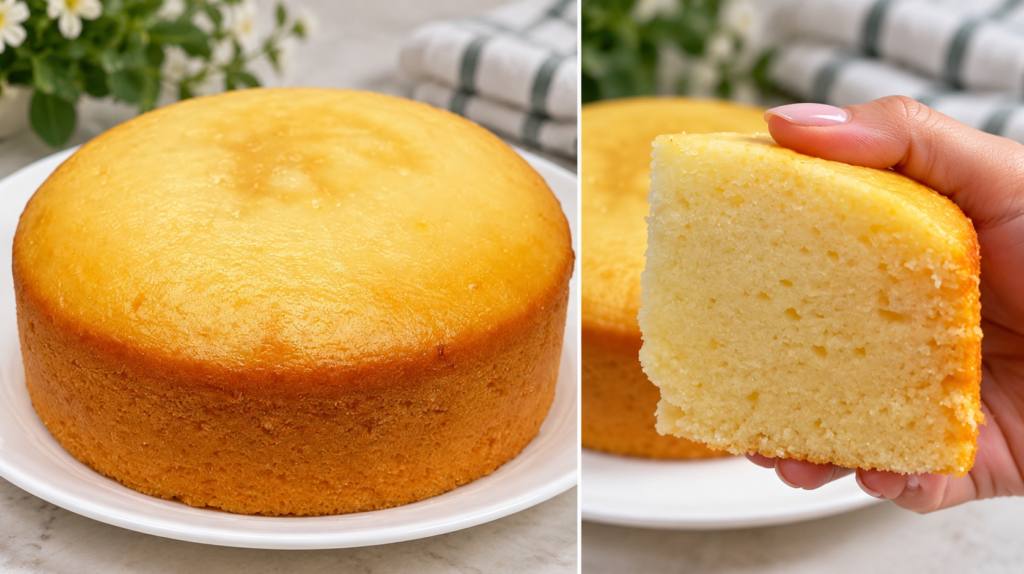 Golden eggless sponge cake with a woman holding a slice showing the soft crumb