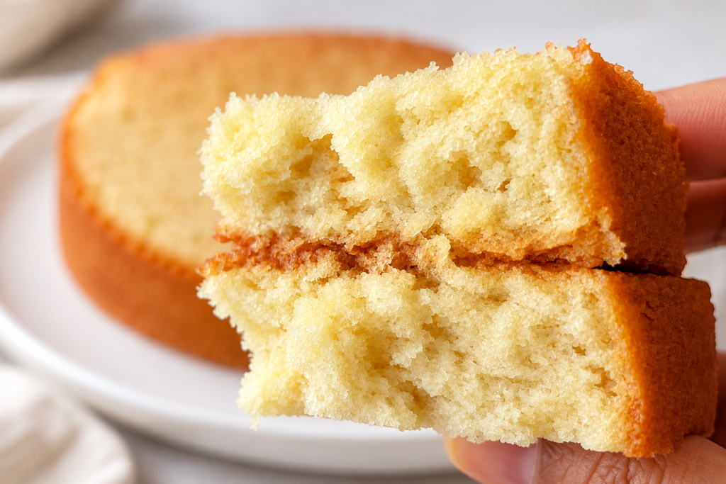 Close-up of torn vanilla sponge cake showing its soft, airy crumb