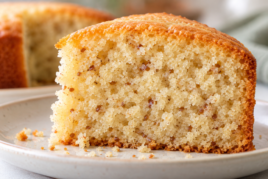 Close-up of eggless cake crumb with visible brown flaxseed specks