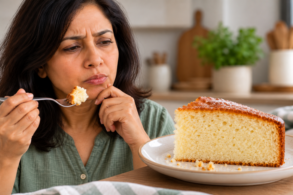 Woman tasting a slice of fully baked eggless cake with an even crumb