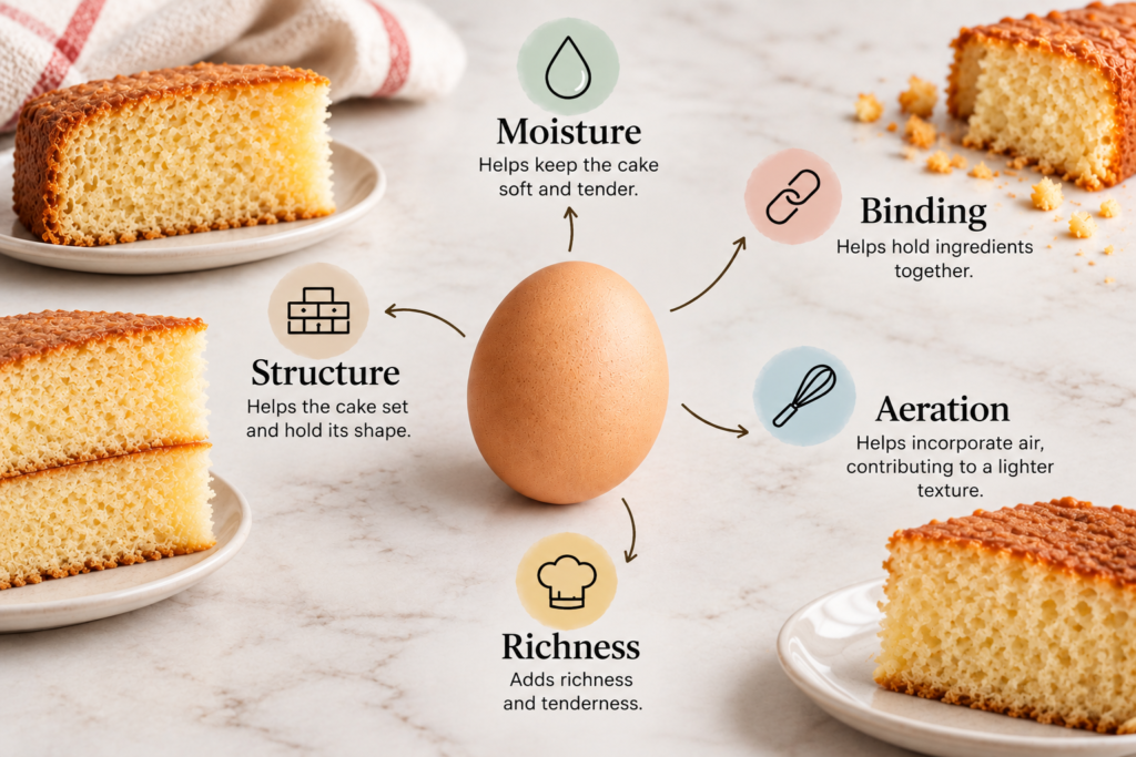 Functions of eggs in cake baking including moisture, binding, structure, aeration and richness
