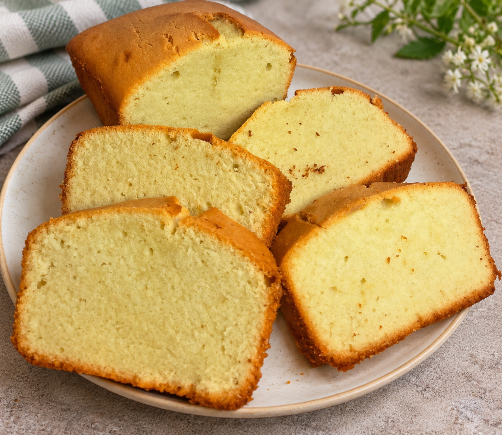Sliced gluten-free eggless cake showing an even crumb