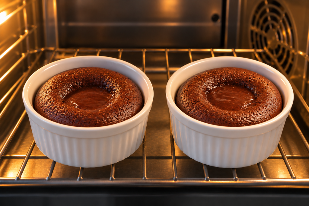 Two chocolate lava cakes baking in white ramekins inside an OTG oven, with set-looking edges and soft centres.