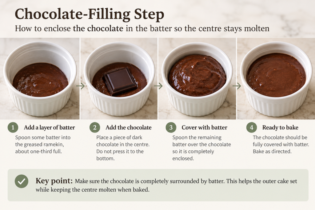 Adding a piece of dark chocolate to the centre of eggless gluten-free lava cake batter before covering it with more batter