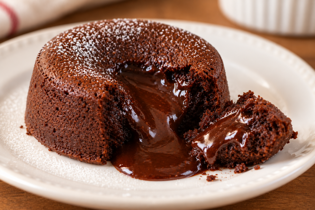 Gluten-free eggless chocolate lava cake cut open to reveal a flowing melted chocolate centre.