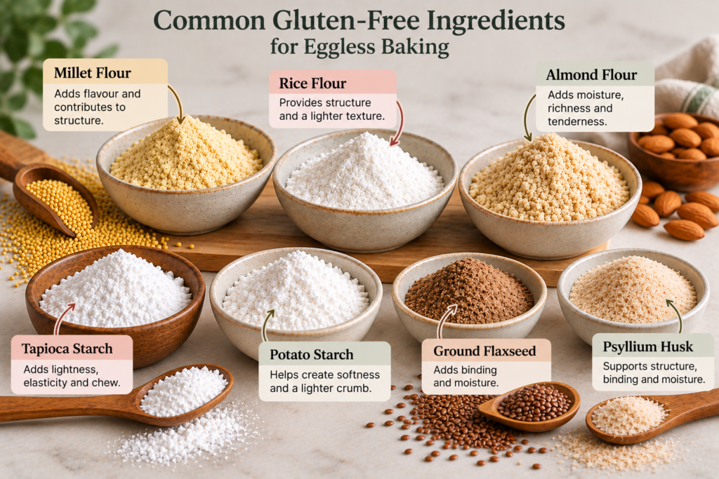 Common gluten-free ingredients for eggless baking including millet flour, rice flour, almond flour, tapioca starch, potato starch, flaxseed and psyllium husk