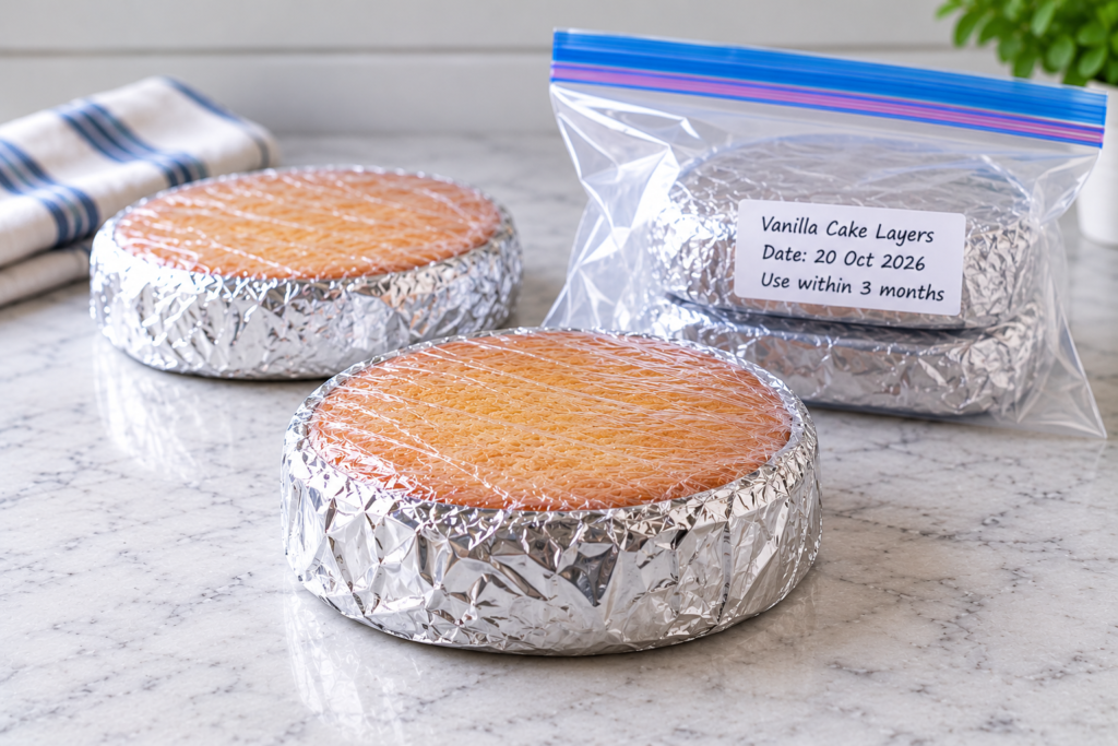 Cake layers wrapped in cling film and aluminium foil before freezing